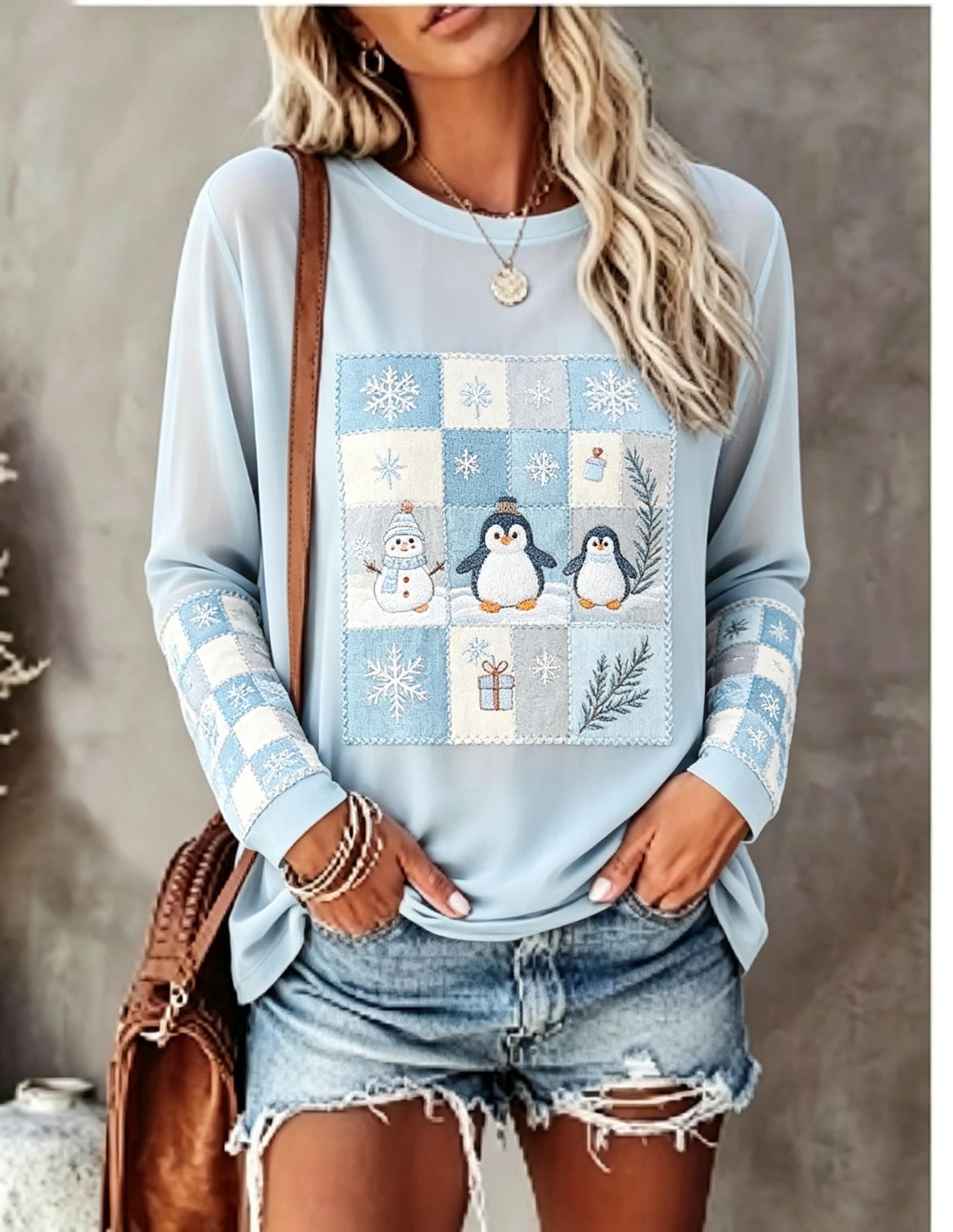 Winter Clothing For Women - 여성용 긴팔 티셔츠, 여우와 토끼 패치워크,