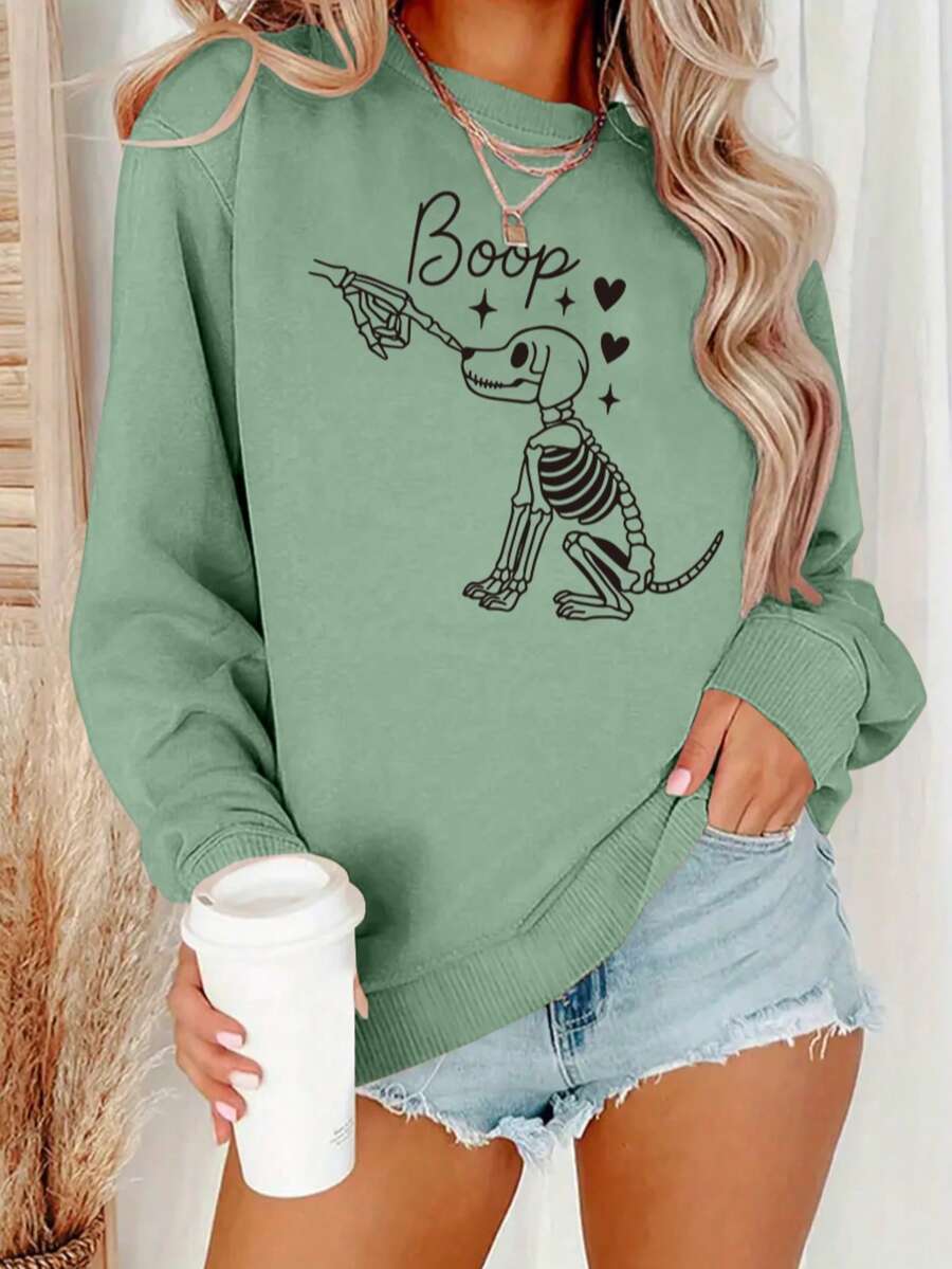 여성용 해골 강아지 그래픽 스웨트셔츠, 라운드넥, 캐주 - Winter Clothing Gift Ideas 리뷰 및 가격