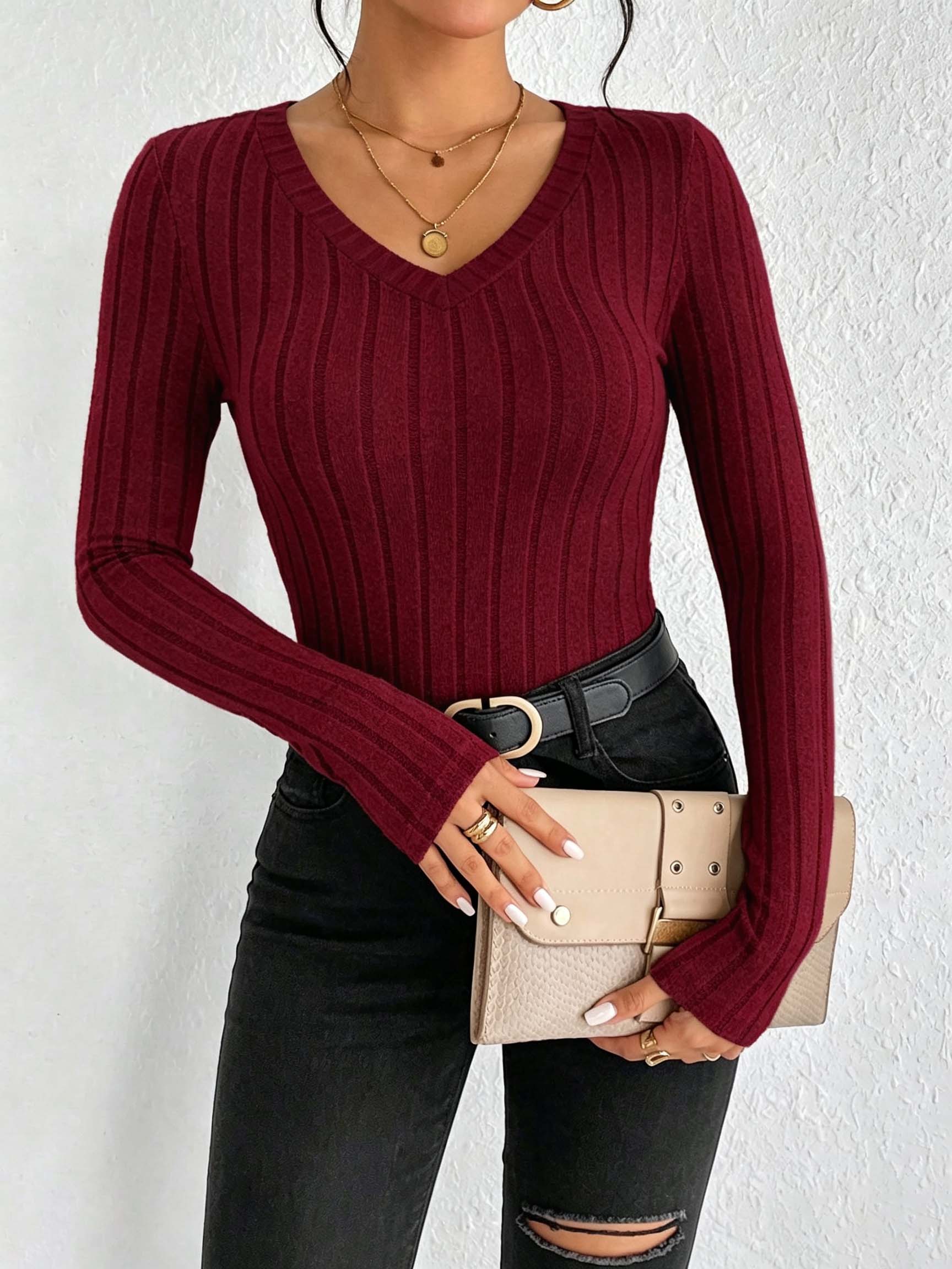 여성용 솔리드 V넥 리브 니트 탑, 슬림 핏 신축성 있 - Winter Clothing For Women 리뷰 및 가격