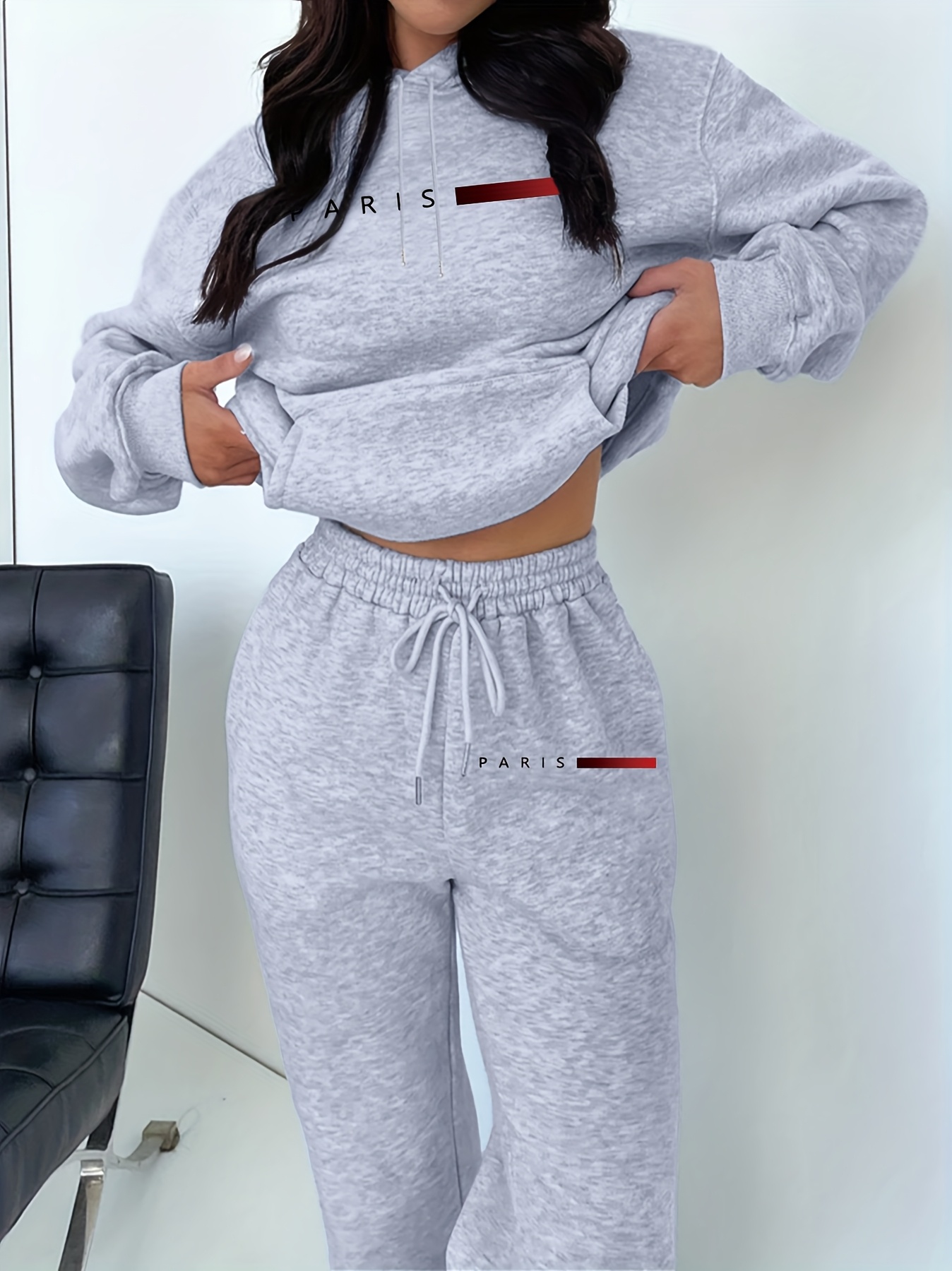 새로운 여성용 세트 후드티와 바지 파리 레터 프린트 고 - Winter Clothing For Women 리뷰 및 가격
