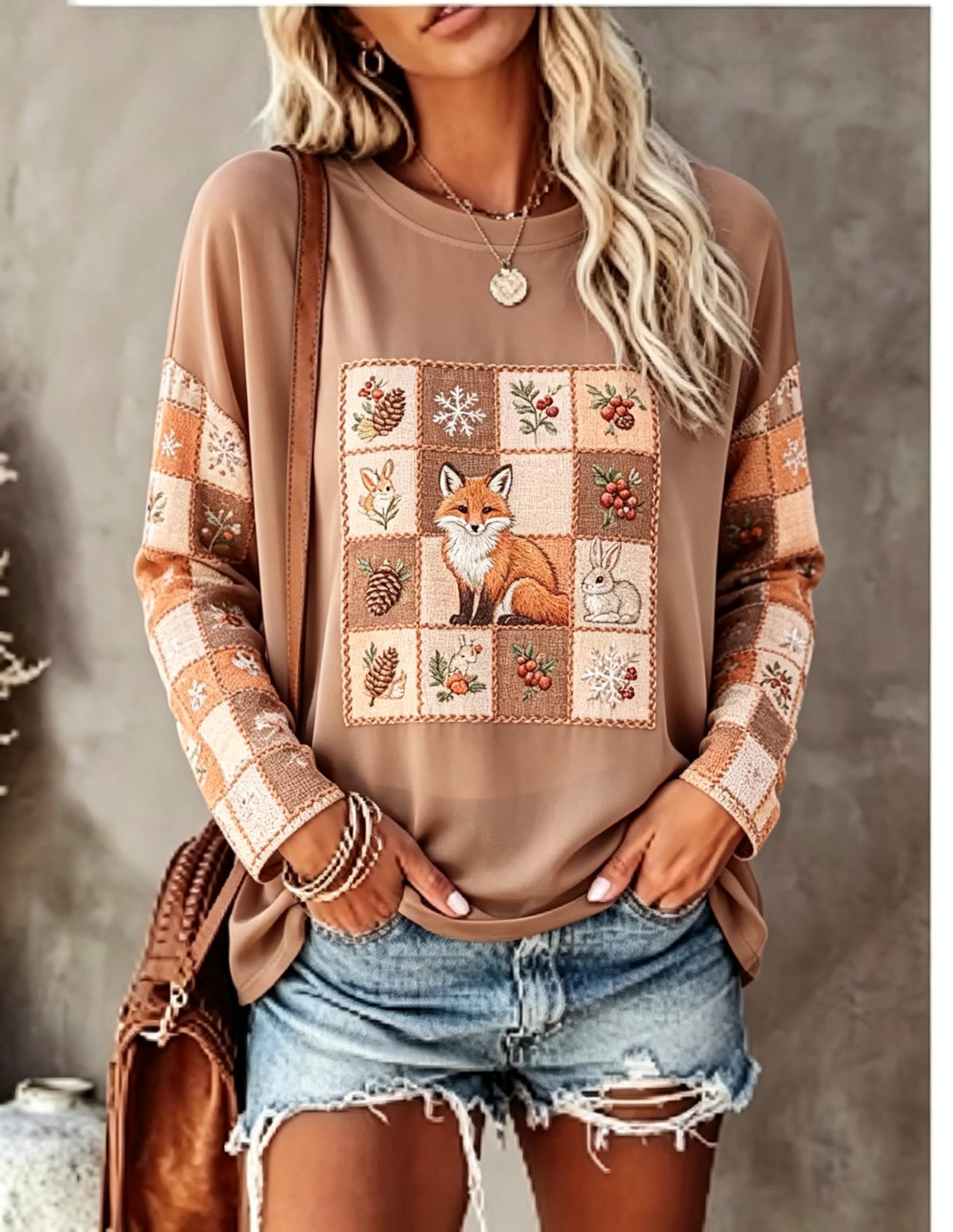 여성용 긴팔 티셔츠, 여우와 토끼 패치워크, 격자무늬, - Winter Clothing For Women 리뷰 및 가격